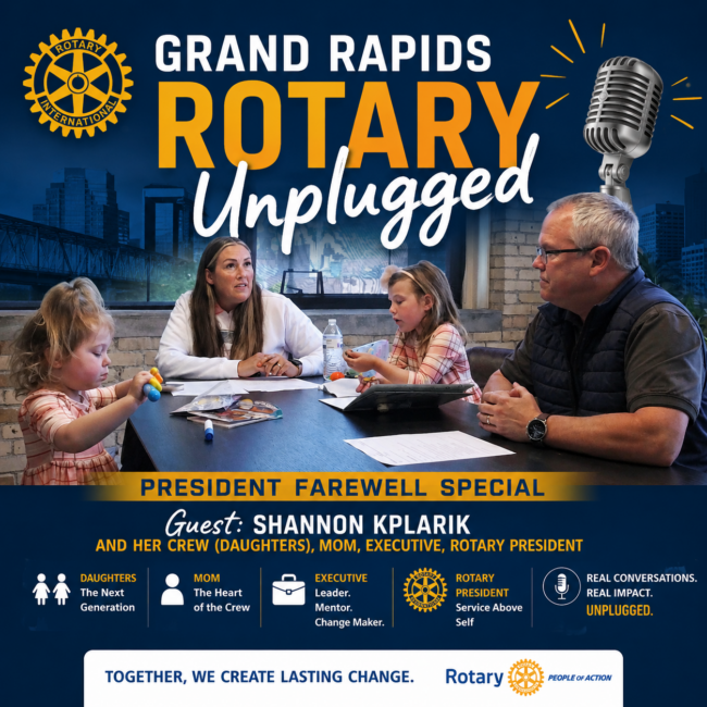 Promotional poster for Grand Rapids Rotary Unplugged featuring a panel at a table with microphones and a city backdrop, including Rotary branding.