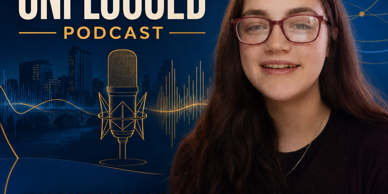 Podcast cover for Grand Rapids Rotary Unplugged with Avary Monroe, a youth exchange student, pictured beside a microphone on a blue themed backdrop.